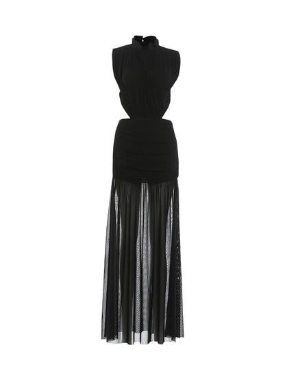 High Waist Maxi Dress Woman Sexy See Through Stand Collar Lace-Up Backless Robe Prom Party Ruched Chic Elegant Vestidos