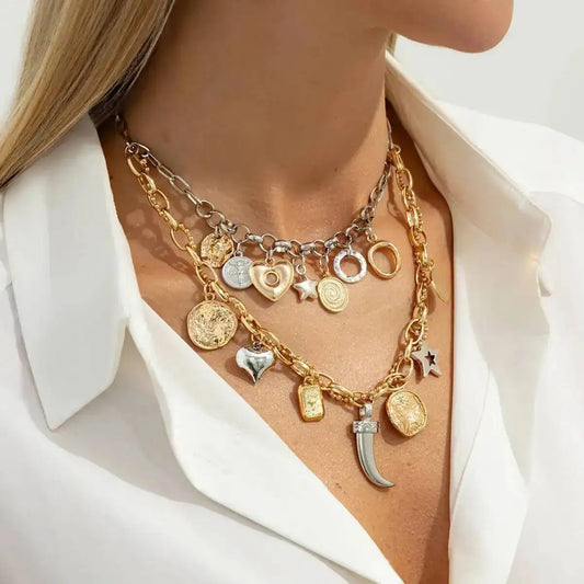 Retro Punk Irregular Geometry Star Love Heart Coin Pendant Necklace Women Trendy Creative Daily Party New Jewelry Gift