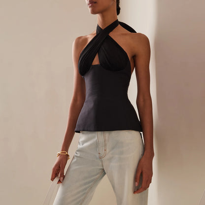 Women Silky Halter Neck Crop Top Sleeveless Crisscross Wrap Tank Top Y2k Summer Slim Fit Backless Cami Top
