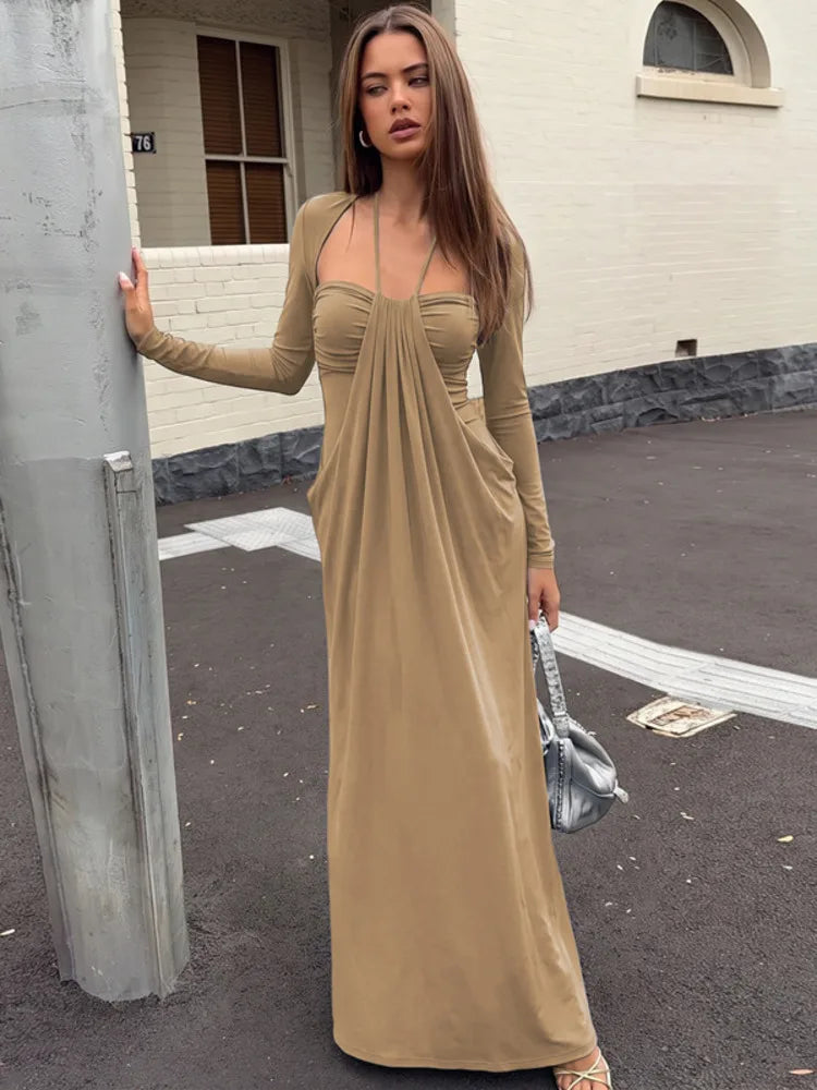 Women Halter Neck Backless Sexy Maxi Dress Long Sleeve Draped Pleated Elegant Wedding Guest Evening Party Long Dress