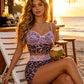 Lace Patchwork 2 Piece Set Women Leopard Mesh Hottie Bow Applique Low-Neck Tank Top+Shorts Fashion Beach Party Suits