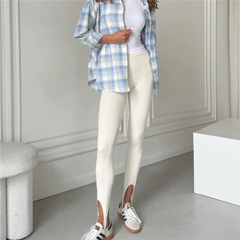 Women Casual Street Elastic High Waist Slim Fit Long Trousers Y2K Ribbed Knit Tight Step on Foot Leggings Sporty Pants