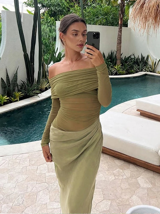 Slash Neck Dress Women Chic Elegant Sexy 2025 Patchwork Mesh Ruched Hollow Birthday Party Clubwear  Vacation Vestidos