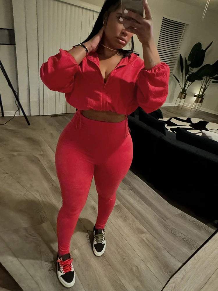 Basic Women 2 Piece Set Classic Solid Long Sleeve Drawstring Zip-up Coats+Slim Pants Female Autumn Casual Sporty Outfits
