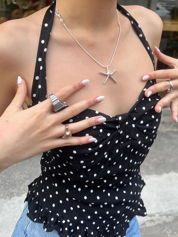 Polka Dot Print Top Women Halter Low-Neck Bandage Ruffles Backless Sleeveless Skinny Summer Trend Street Basic Vest