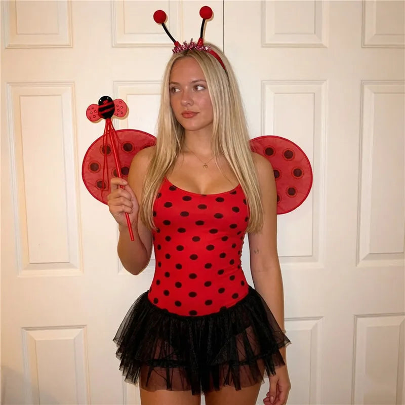 Women Ladybug Costume Set Spaghetti Strap Mini Dress Lace Apron Cute Animal Themed Role Play Outfit Halloween Cosplay
