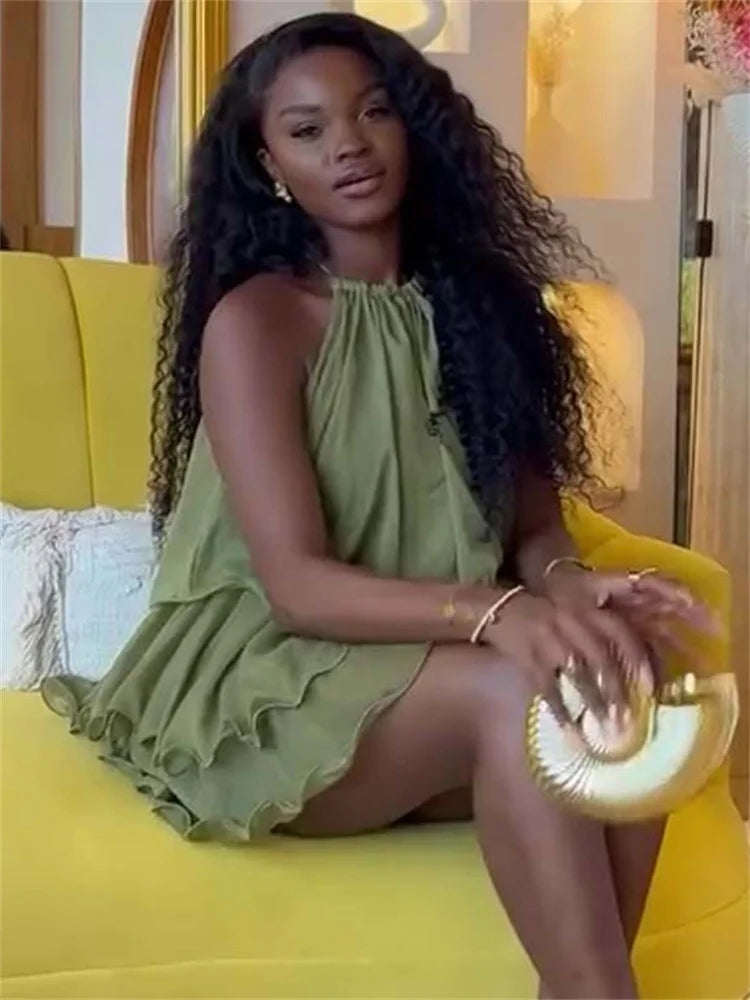 Ruched Tierred Mini Dress Women Summer New Trend Halter Off Shoulder Hot Girl Street Fashion Elegant Skinny Outfits