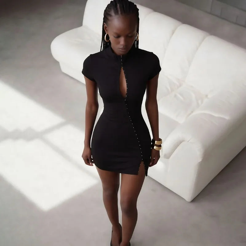Hollow Short Sleeve Mini Bodycon Dress Summer 2026 Fashion Trends Woman Sexy Black Dress Club Wear