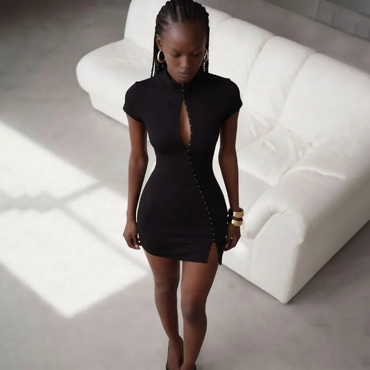 Hollow Short Sleeve Mini Bodycon Dress Summer 2026 Fashion Trends Woman Sexy Black Dress Club Wear