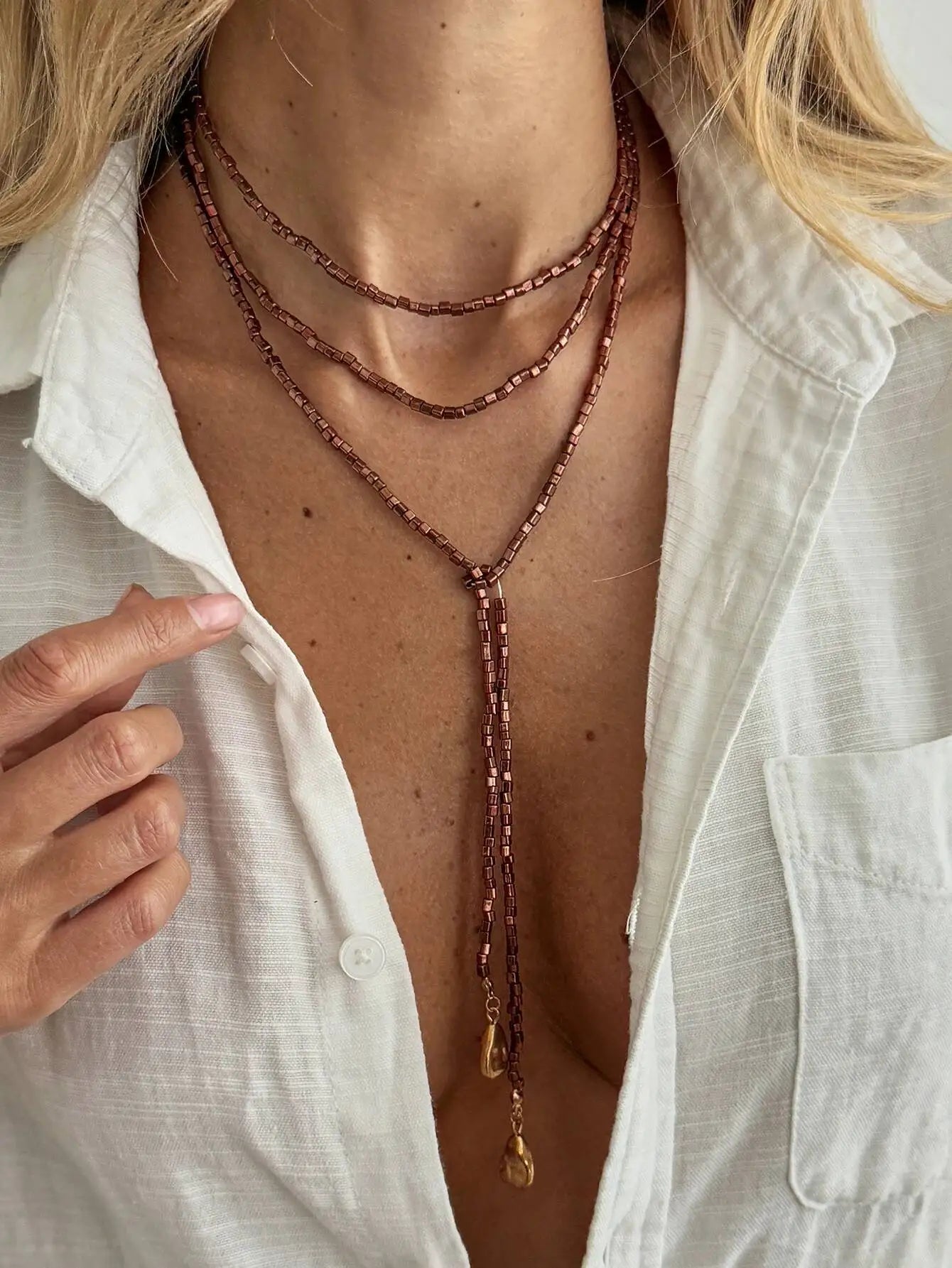 Adjustable Long Chain Necklace for Women, Sexy Stackable CCB Beads, OT Buckle, Love Heart Pendant, Choker Sweater Jewelry