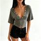 Double Front Back Deep V Button Detail Cropped Top Half Sleeve Ruched Waist Slim Fit Stretch Y2K Going Out Crop Blouse
