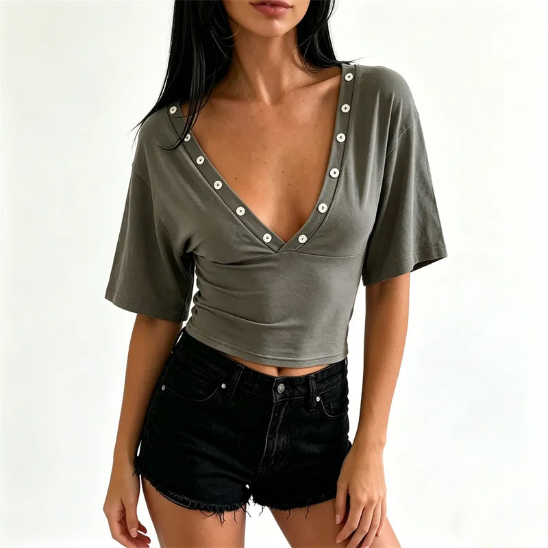 Double Front Back Deep V Button Detail Cropped Top Half Sleeve Ruched Waist Slim Fit Stretch Y2K Going Out Crop Blouse