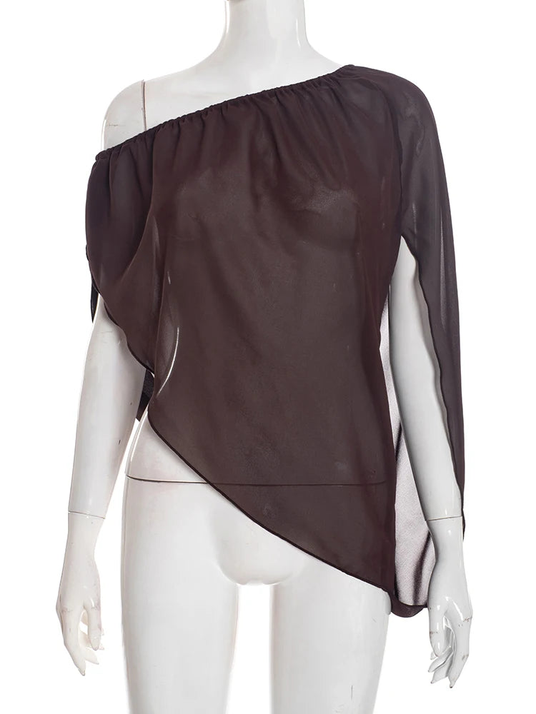 Wild Crop Top Women Sexy Diagonal Collar Mesh Irregular Two-Wear Split Elegant Beach Vacation Stretch Street Clubwear