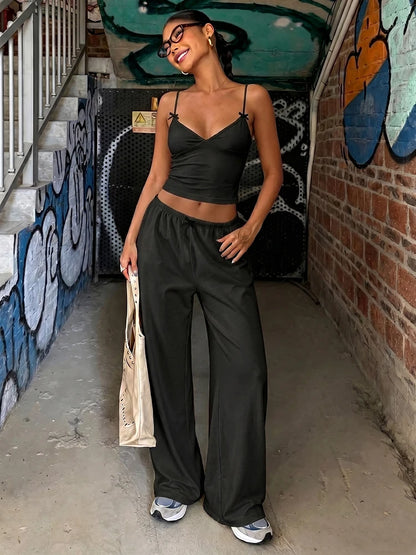 Fashion Chic 2 Piece Set Women Trend Chic Bow Applique V-Neck Camisole+Straight-Leg Pants Casuals Street Sport Suits