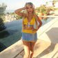 Blue and Yellow Hollow Knit Two Piece Set Woman Summer Beach Outfits 2026 Sexy Halter Top Skirt Matching Sets