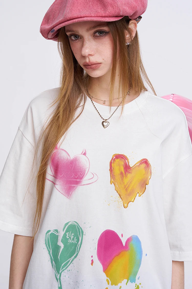 Women's Oversized T-Shirt with Colorful Heart Graffiti, Artistic Liquid Heart Print Tee for Summer, Chic Casual Cotton T