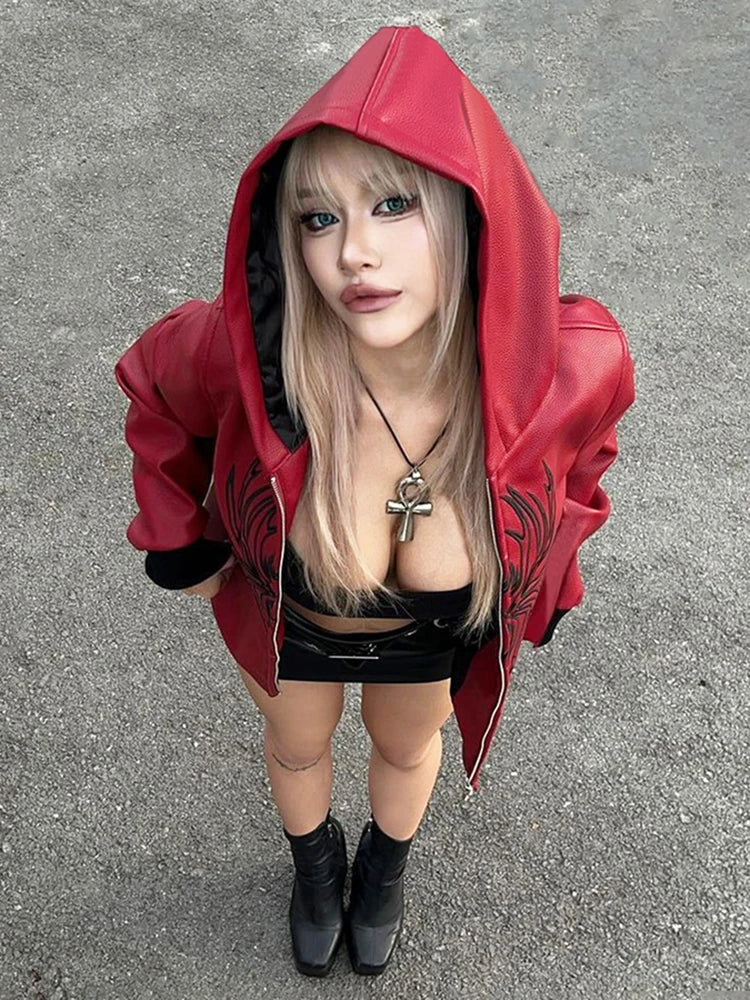 PU Hooded Jacket Women Autumn Trend Zip Spider Print Pocket Patchwork Hip Hop Punk Simple Wild Street Clubwear Coat