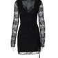 Women Black Lace Long Sleeve Mini Dress Deep V‑Neck Ruched Side Slit Bodycon Dresses Evening Party Clubwear Outfit