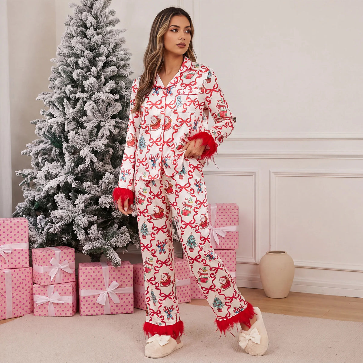 Cute Christmas Women Silky Satin Pajama Set Feather Trim Cuff Long Sleeve Lapel Top Long Pants Xmas Print Sleepwear