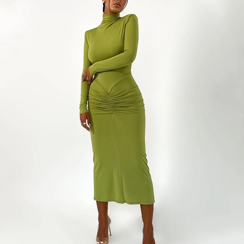 High Neck Full Sleeves Long Dresses for Women Elegant Fashion Ruched Bodycon Dress Green Purple Winter 2023