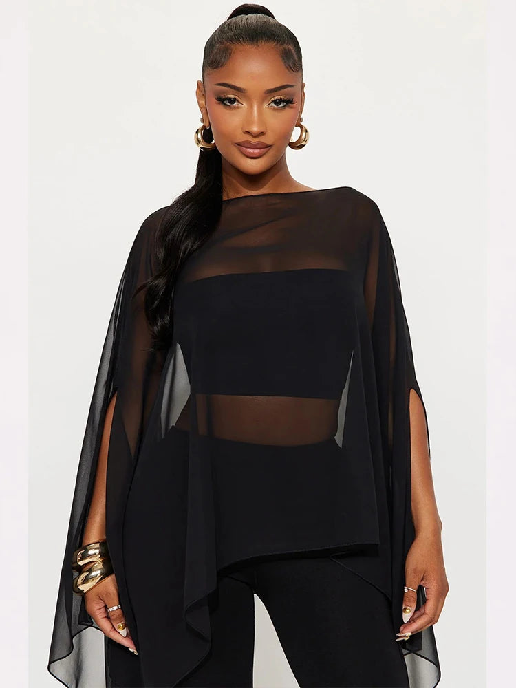 Mesh See Through Shawl Top Woman Sexy Coquette Skew Collar Batwing Collar Irregular Navel Exposed Design Clubwear