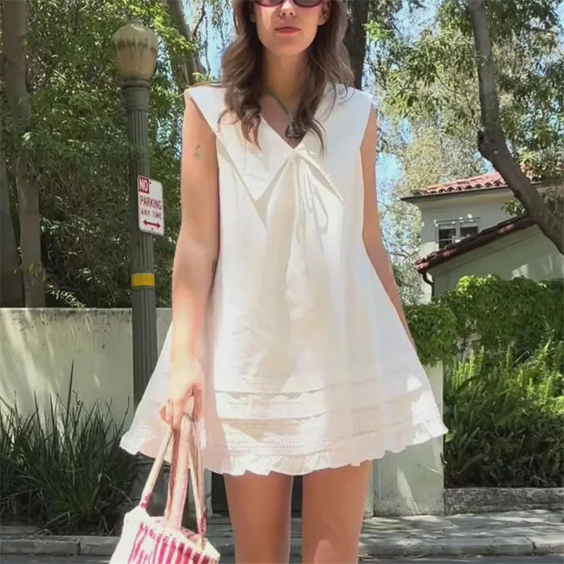 Preppy Cute Women Sleeveless Doll Dress Big Sailor Lapel Tie Bow Decor Eyelet Lace Ruffle Hem Street Summer Short Dress