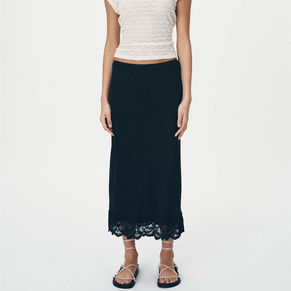 Elegant Women Satin Half Slips Lace Trim Long Underskirt High Waisted Silky Skirt Soft Slip Dress for Skirts Dresses