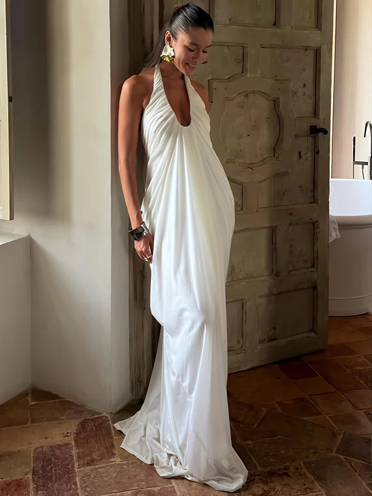 Mesh Halter Backless Sexy Maxi Dress Women Gown Fashion Elegant V Neck Sleeveless Pleated Club Party Long Dresses