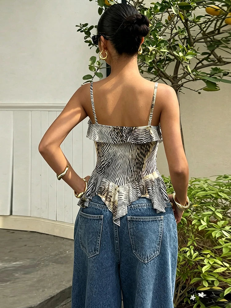 Folds Art Print Irregular Hem Camisole Women Low-Neck Line Decoration Skinny Sexy Summer Fashion Chic Midnight Outfits