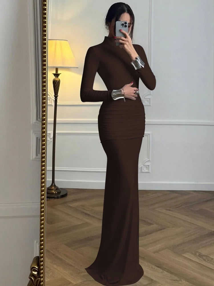 Long Sleeve Ruched Backless Fishtail Maxi Dress Sexy Elegant White Evening Gown Fall Winter Party Dresses