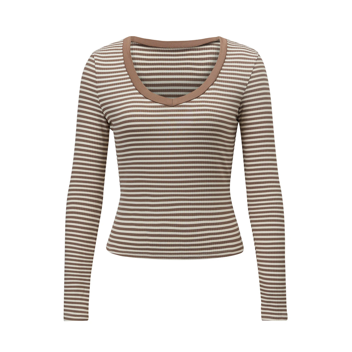 Women Striped Contrast Binding V Neck Long Sleeve Crop Top Ribbed Slim Fitted T Shirt Y2K Sexy Fall Casual Streetwear