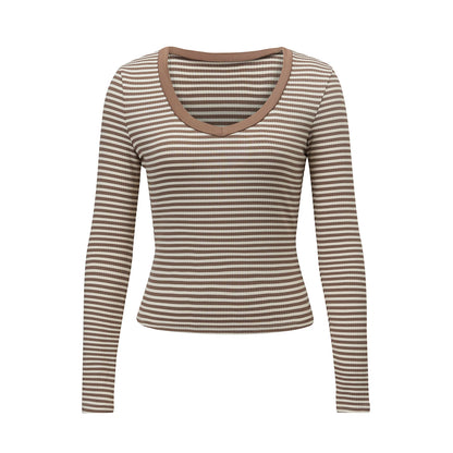 Women Striped Contrast Binding V Neck Long Sleeve Crop Top Ribbed Slim Fitted T Shirt Y2K Sexy Fall Casual Streetwear
