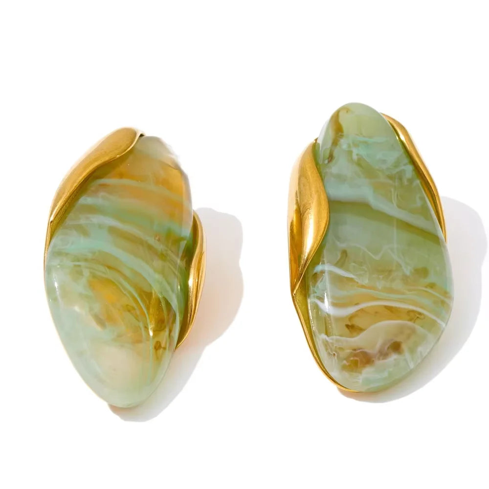 New Design Brown Green Beige Resin Geometric Adjustable Ring Golden PVD Stainless Steel Rust Proof Finger Jewelry Gift