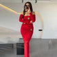 3d Flower Buckle Off The Shoulder Long Sleeve Evening Dress Women Elegant Sexy Birthday Dinner Outfit