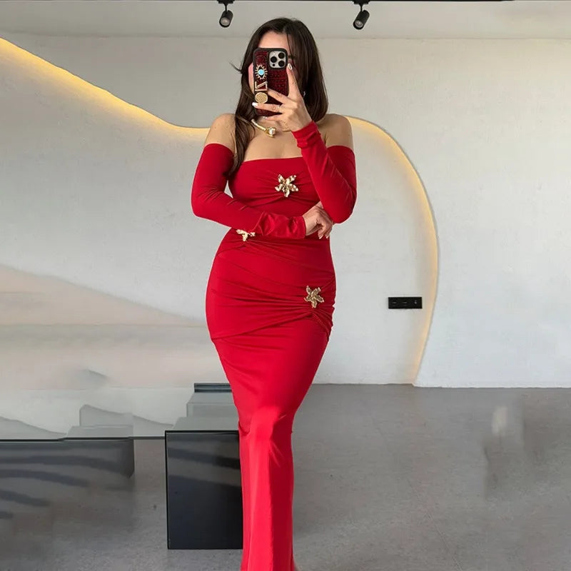 3d Flower Buckle Off The Shoulder Long Sleeve Evening Dress Women Elegant Sexy Birthday Dinner Outfit