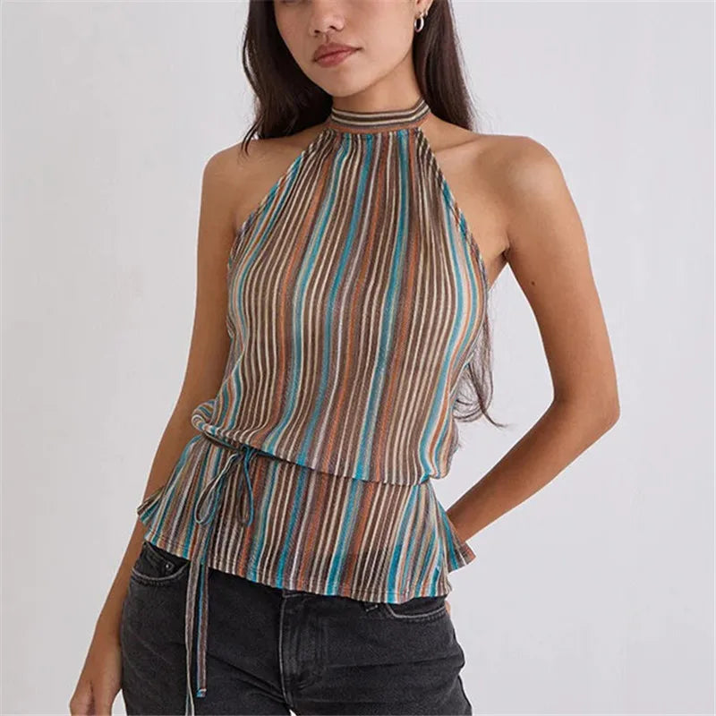 Y2K Summer Backless Halter Neck Crop Tops Sleeveless Tie Up Open Back Shirts Vest Women's Chiffon Pleated Tank Top