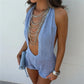 Y2K Hollow Knit Halter Romper Deep Cut V Backless Scallop Hem Short Jumpsuit Women Coastal Beach Night Club Party Outfit
