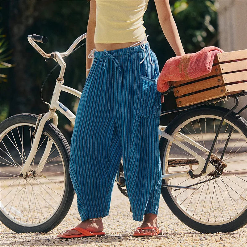 Women Boho Striped Baggy Loose Fit Palazzo Harem Pants Y2k Wide Leg Casual Going Out Beach Vacation Trousers