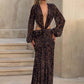 Leopard Print Long Sleeve Sexy Maxi Dress Women Fashion Hollow Out Backless Draped Ruched Bodycon Club Party Long Dress