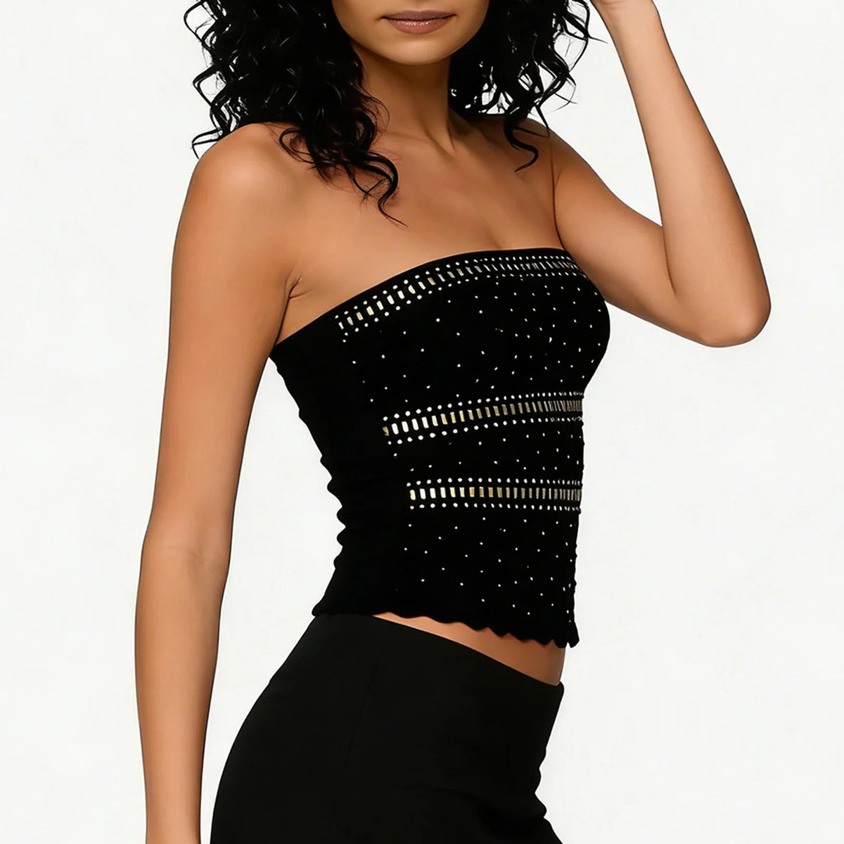 Women Tube Tops Strapless Sleeveless Slim Fit Studded Decor Summer Going Out Crop Vest Party Club Rave Clothes