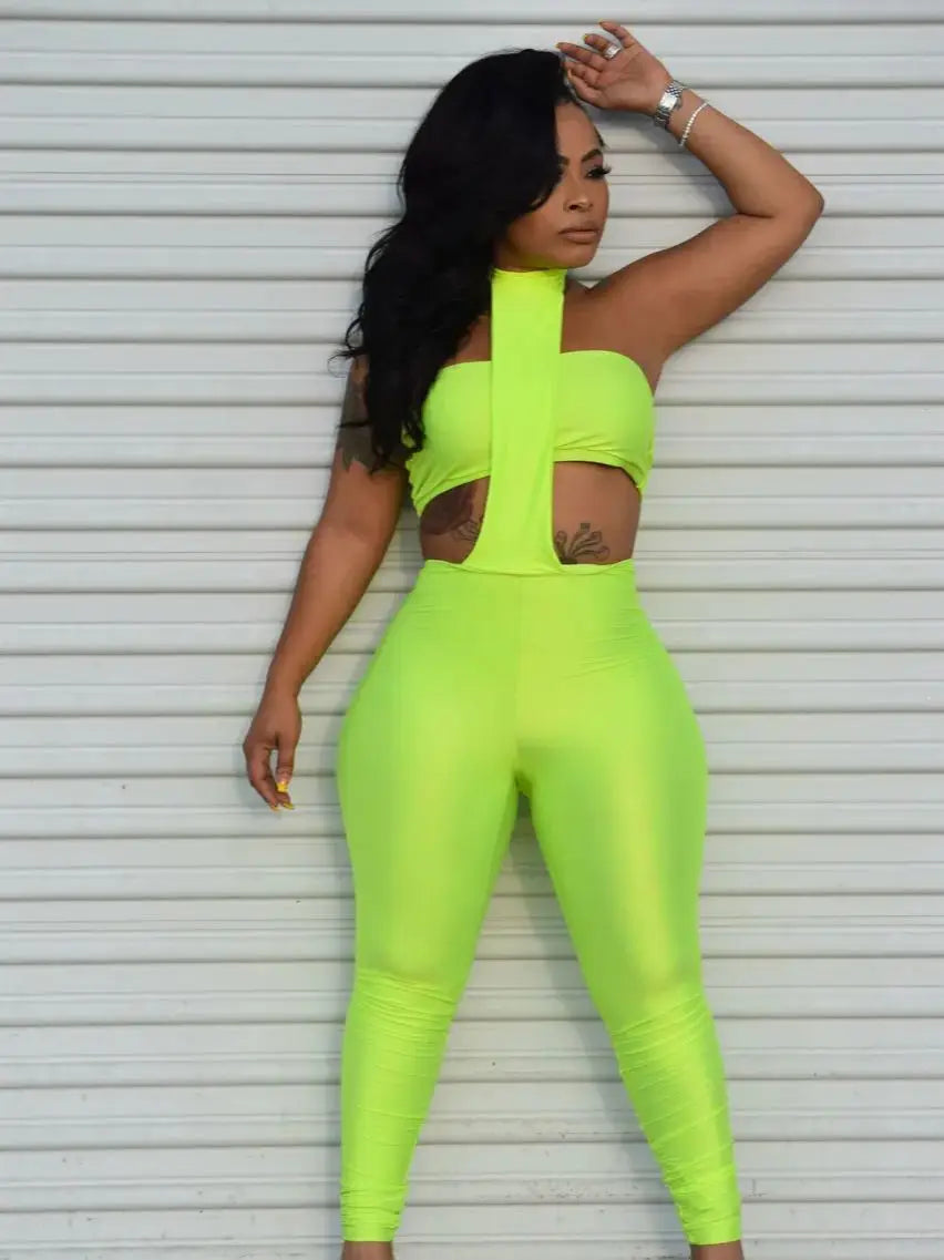 Sexy Backless 2 Piece Set Women Stretch Tube Top+Skinny Halter Jumpsuit Fitness Street Matching Party Club Overalls