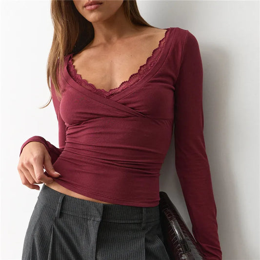 Lace Trim V Neck Wrap Long Sleeve Crop Top Women Slim Ruched Solid Color Basic Layering T Shirt Autumn Going Out Blouse