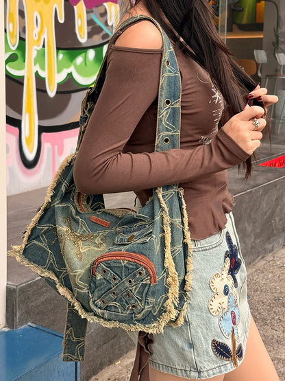 Y2K Vintage Denim Crossbody Bag with Star Print, Frayed Grunge Shoulder Bag for Women, Retro Streetwear Tote Handbag