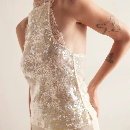 Womens Sequin Halter Neck Top Lace Trim Open Back Sleeveless Camisole Shiny Sparkly Cami for Party Nightclub Streetwear