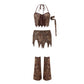 Women Cavewoman Halloween Cosplay Costume Leopard 4 Piece Outfit Halter Crop Top Jagged Mini Skirt Arm Bands Leg Warmers