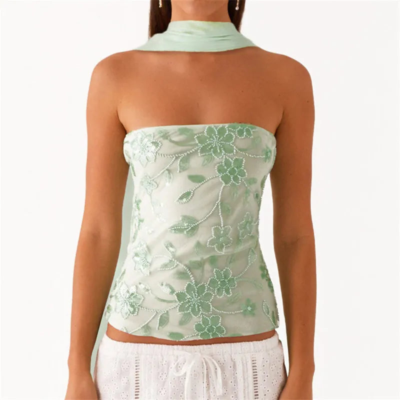Women Y2K Sequin Tube Top with Scarf Sexy Backless Pearl Embellished Beaded Cami Bling Glitter Rhinestone Camisole