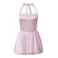 Women's Satin Halter Neck Mini Dress Tie Back Bow Bubble Skirt A-Line Sleeveless Bodycon Party Clubwear Cocktail Dress