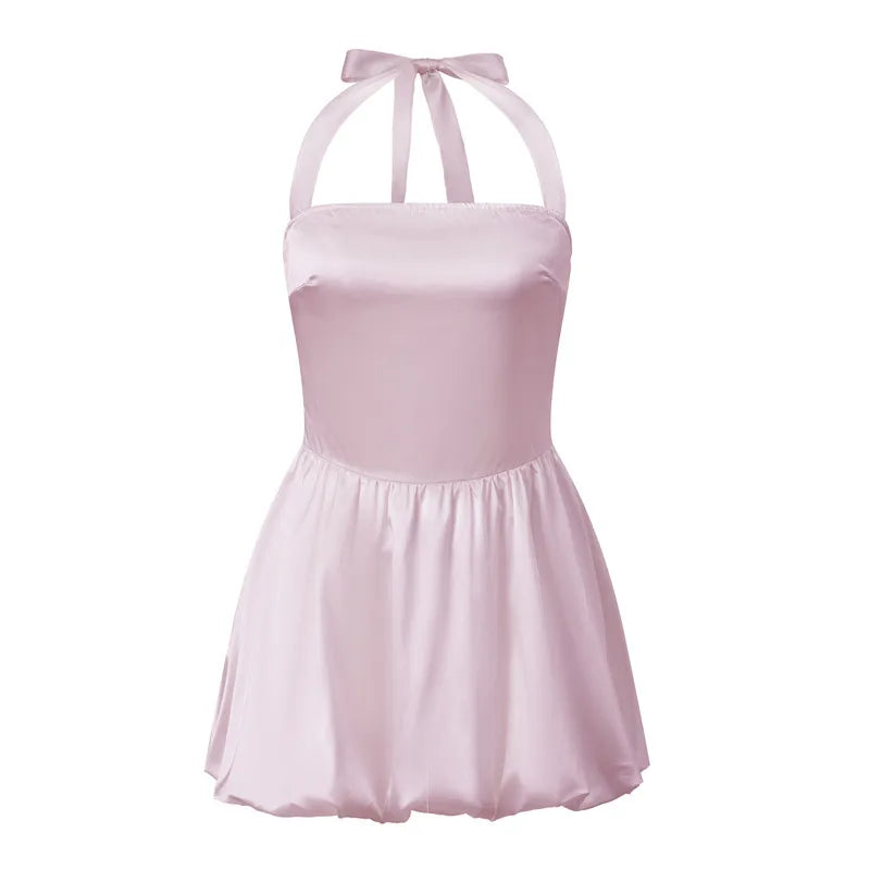 Women's Satin Halter Neck Mini Dress Tie Back Bow Bubble Skirt A-Line Sleeveless Bodycon Party Clubwear Cocktail Dress
