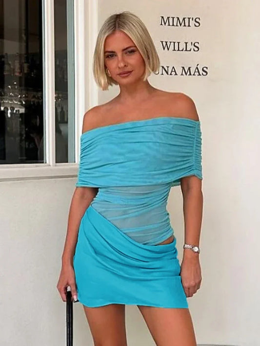 Sheer Mesh Splicing Off Shoulder Mini Dresses for Women Sexy Summer Dress 2025 Party Night Club Outfits