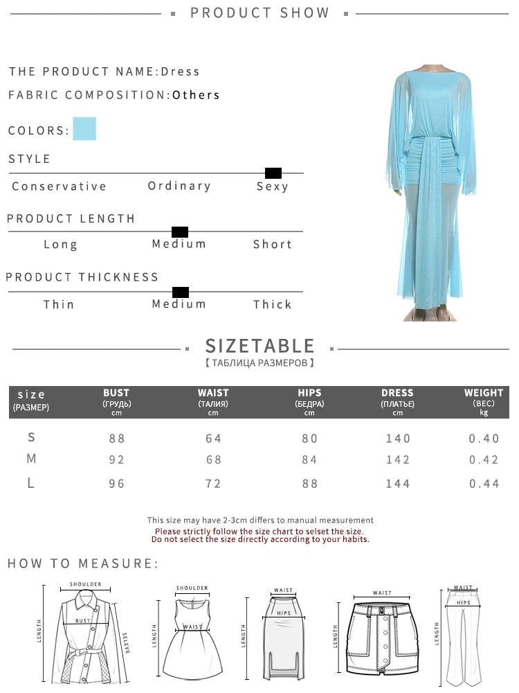 Ruched Elegant Long Dress Woman Autumn Trend Sexy See Through o-Neck Backless Batwing Sleeve Beach Style Vestidos